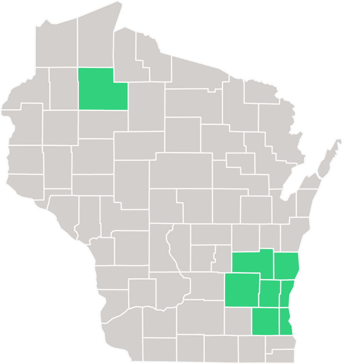 Map of Wisconsin counties with southeastern counties highlighted