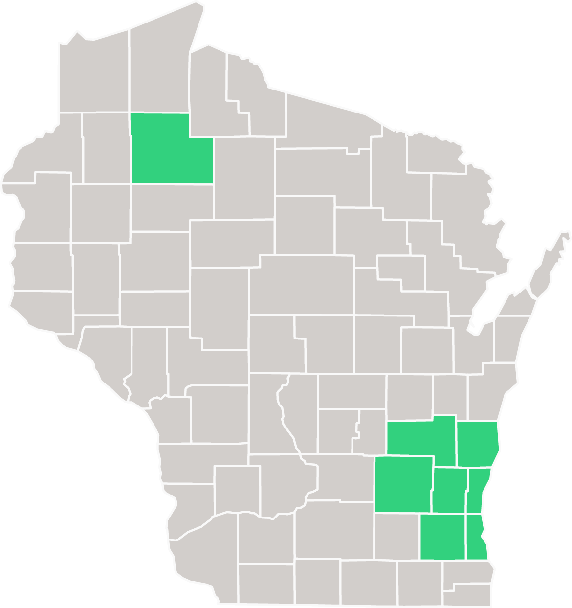 Map of Wisconsin counties with southeastern counties highlighted